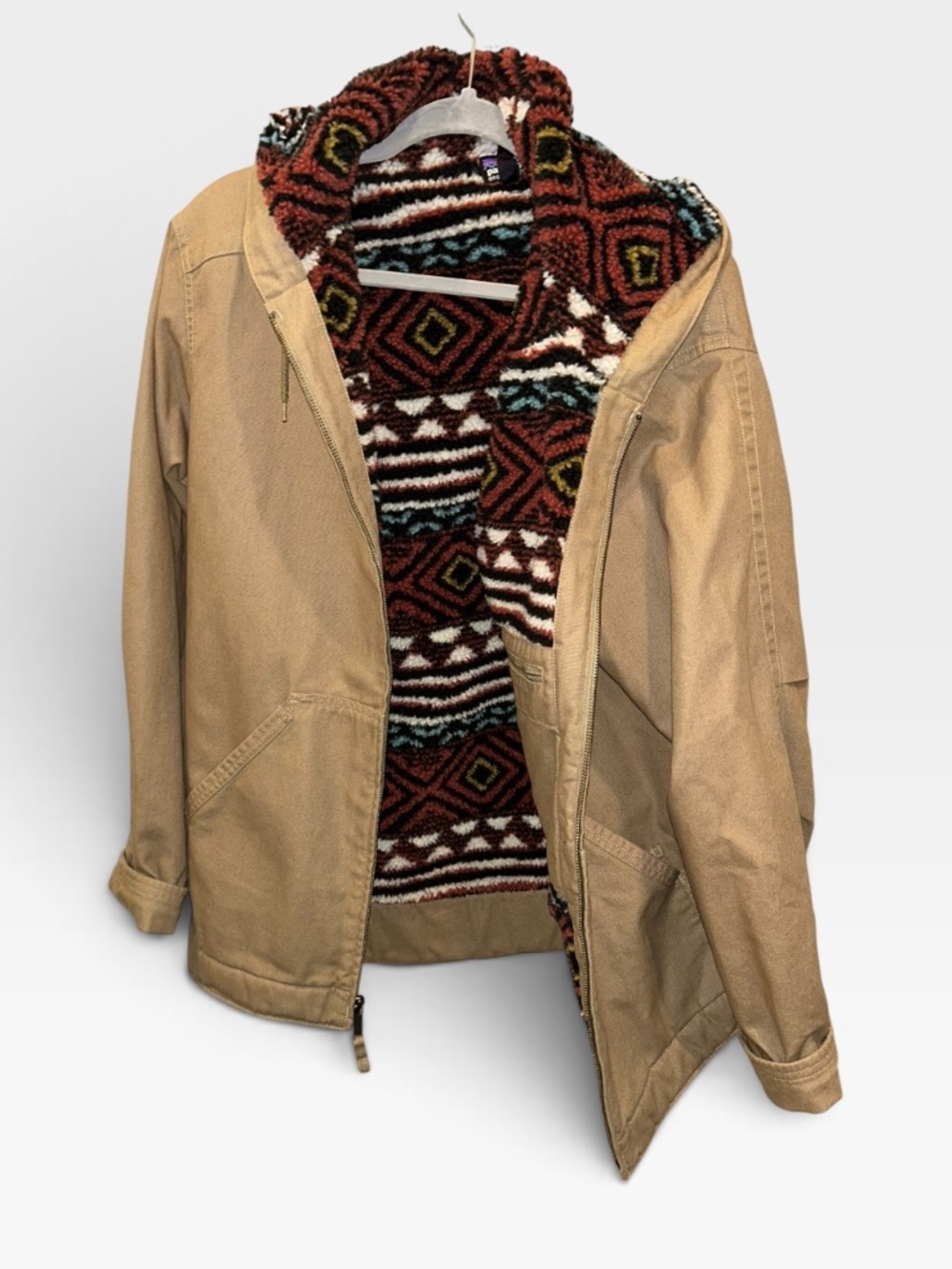 RARE PATAGONIA Cotton Canvas Fleece Lined Jacket Aztec Print Tan Coat Hoodie L
